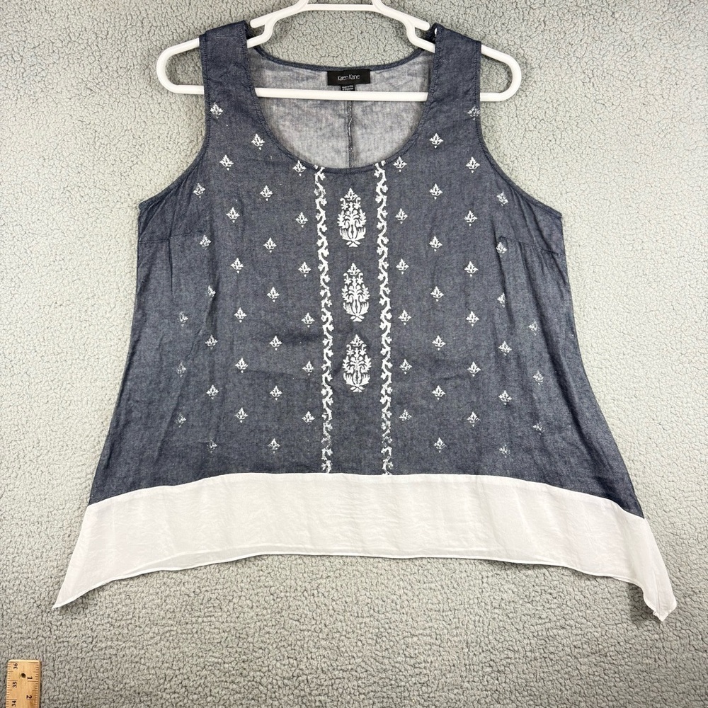 Karen Kane Blue and White Patterned Chambray Tank Top
